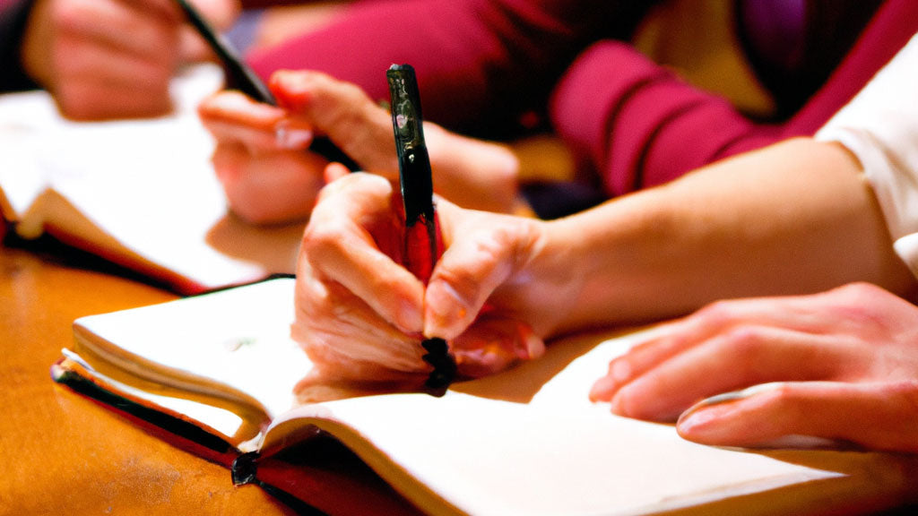 A close-up of a person's hand journalling with other people also journalling in the background.