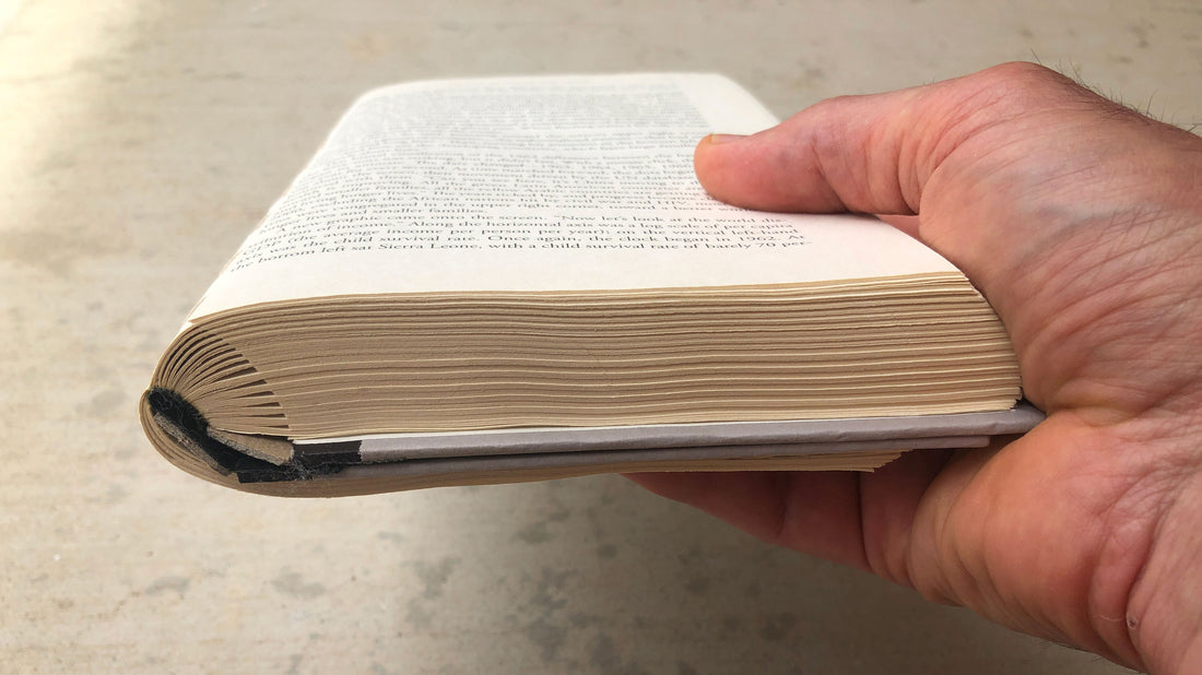 The book and its cover are entirely opened and held in one hand